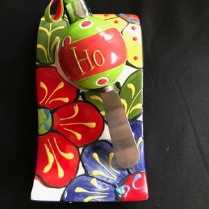 Christmas Butter Spreader Knife & Tray Ceramic 5" x 3.25 DELRIO SALADO EUC